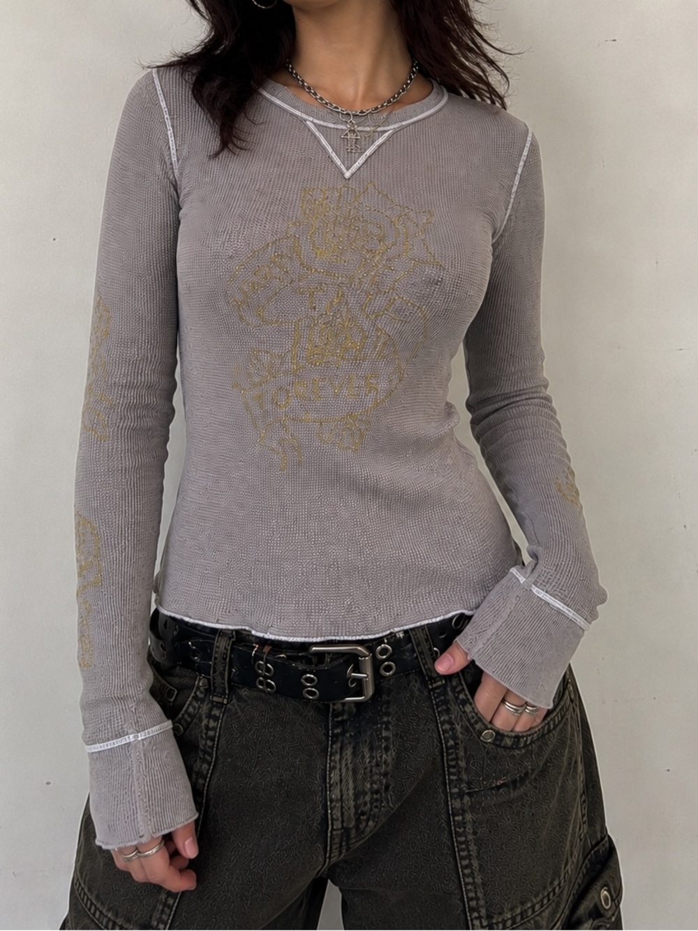 Vintage Y2K Hard Tail Forever Thermal Top Gray Waffle Knit Graphic Long Sleeve L